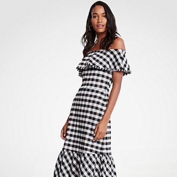 🎉 2 x HP 🎉 Petite Gingham Off The Shoulder Midi Dress - Picture 4 of 8
